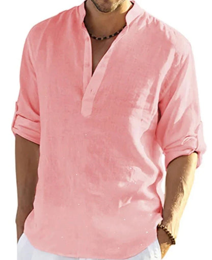 A stylish linen-blend men's casual shirt with a stand collar, button-down closure, and slim tailored fit