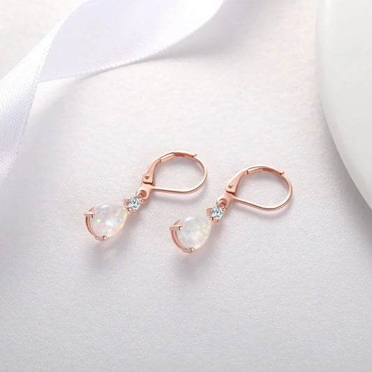 Elegant White Opal Drop Earrings for women with Australian opals in a geometric water droplet design