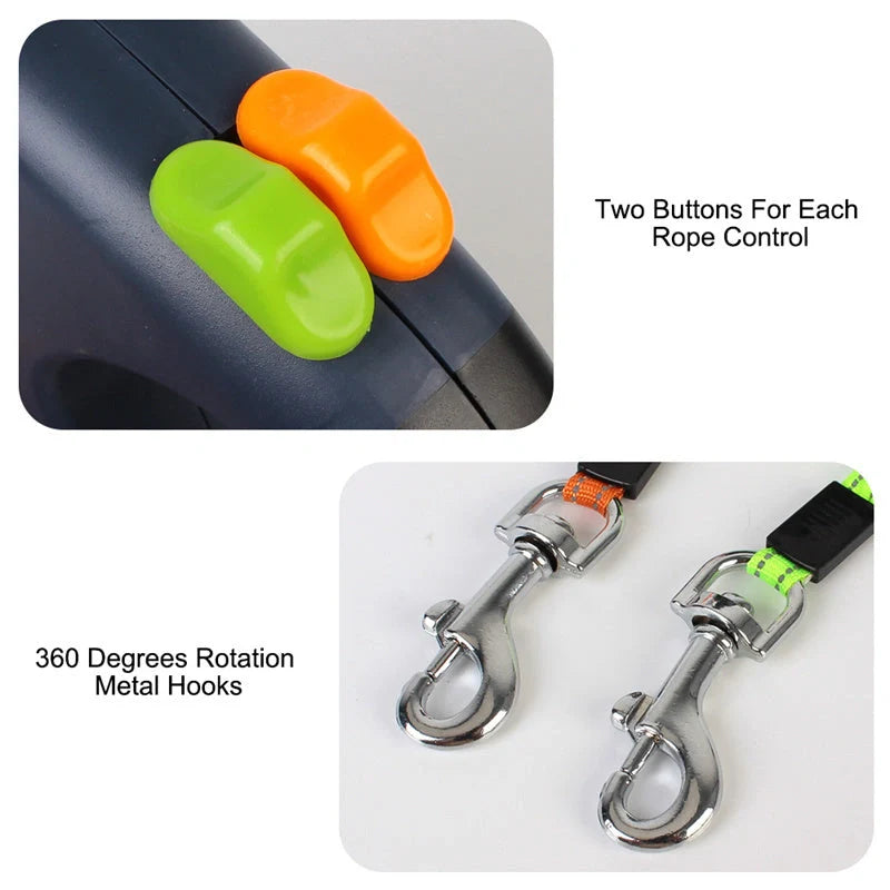 Reflective dual pet leash for small dogs with 360 swivel and lights