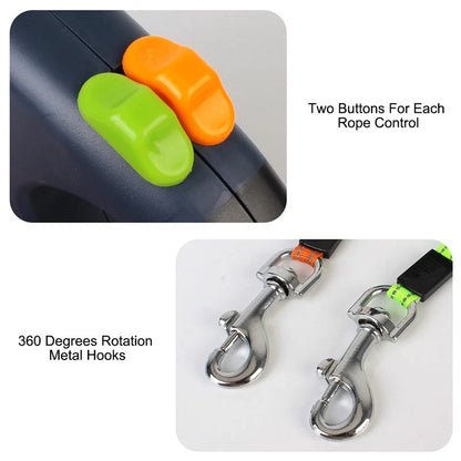 Reflective dual pet leash for small dogs with 360 swivel and lights
