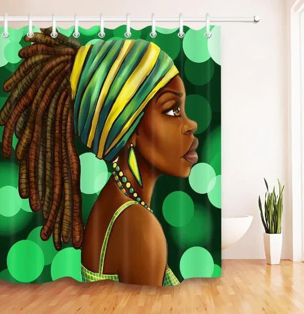 Vibrant African-inspired shower curtain with portrait of a beautiful African girl wearing earrings and bold hairstyle