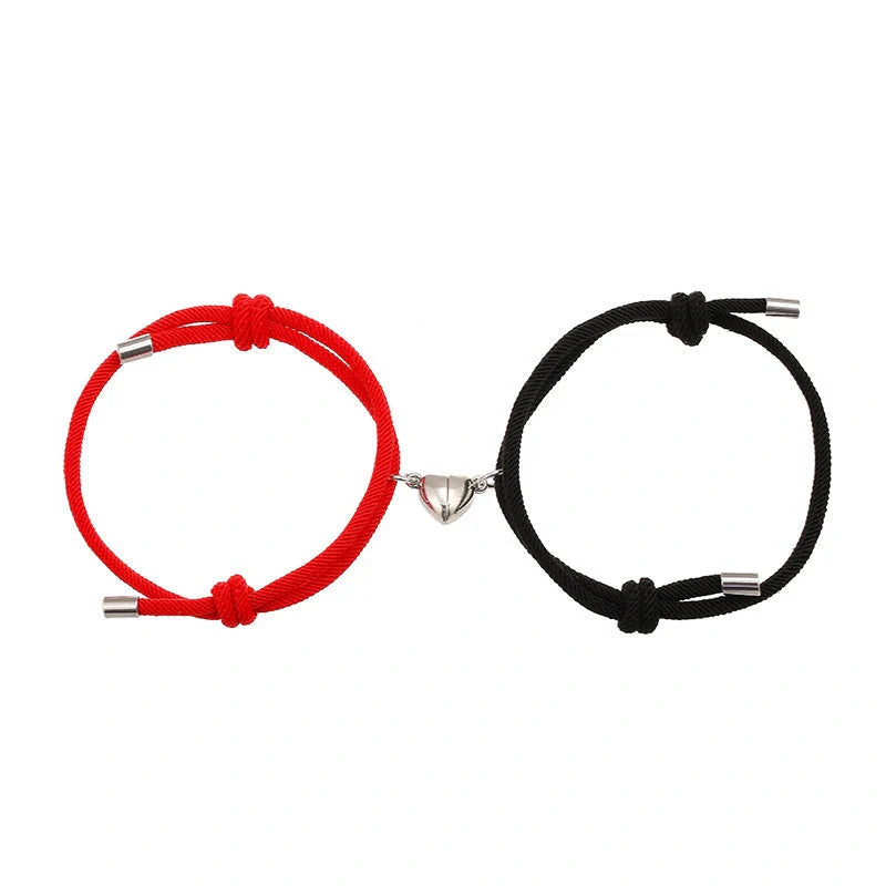 Adjustable nylon love magnetic bracelet with sticky metal heads in various colours