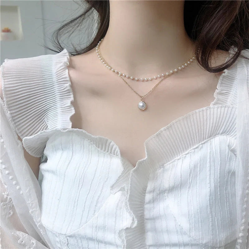 Ancient Stacked Double-layer Pearl Necklace in gold with geometric design