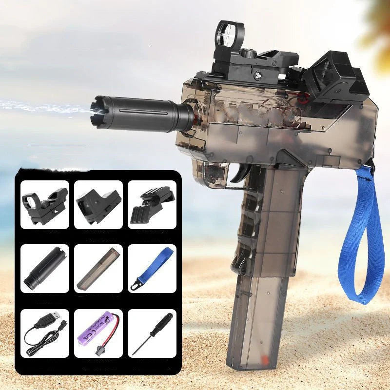 Uzi Electric Burst Water Gun with rechargeable battery and transparent design