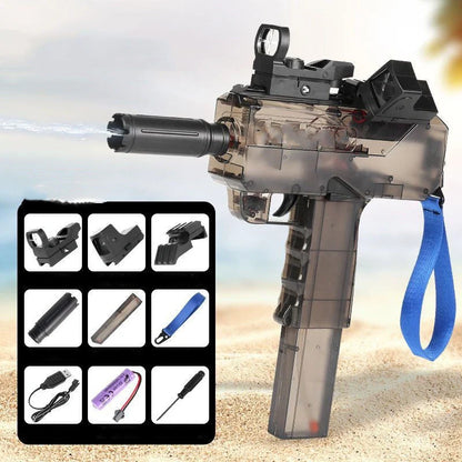Uzi Electric Burst Water Gun with rechargeable battery and transparent design
