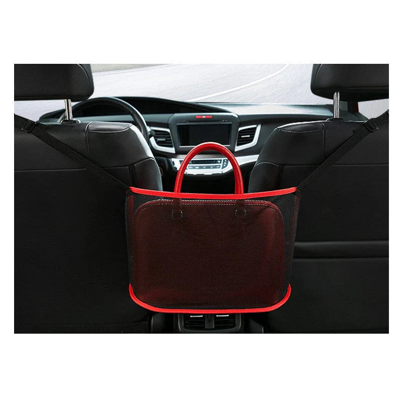 Car Net Pocket Handbag Holder in red and black, showing adjustable belt and spacious storage