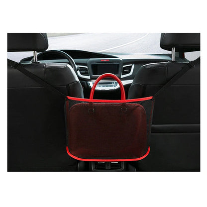 Car Net Pocket Handbag Holder in red and black, showing adjustable belt and spacious storage