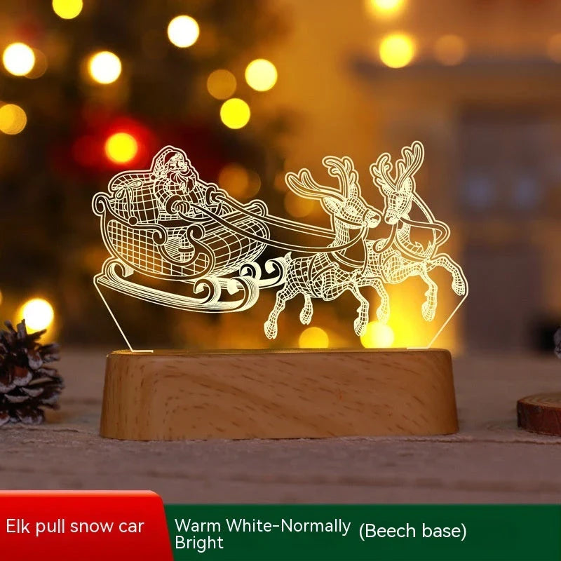 3D acrylic Christmas lights with various holiday-themed designs, including Christmas trees, elks, and Christmas dwarfs, providing warm, ambient lighting.