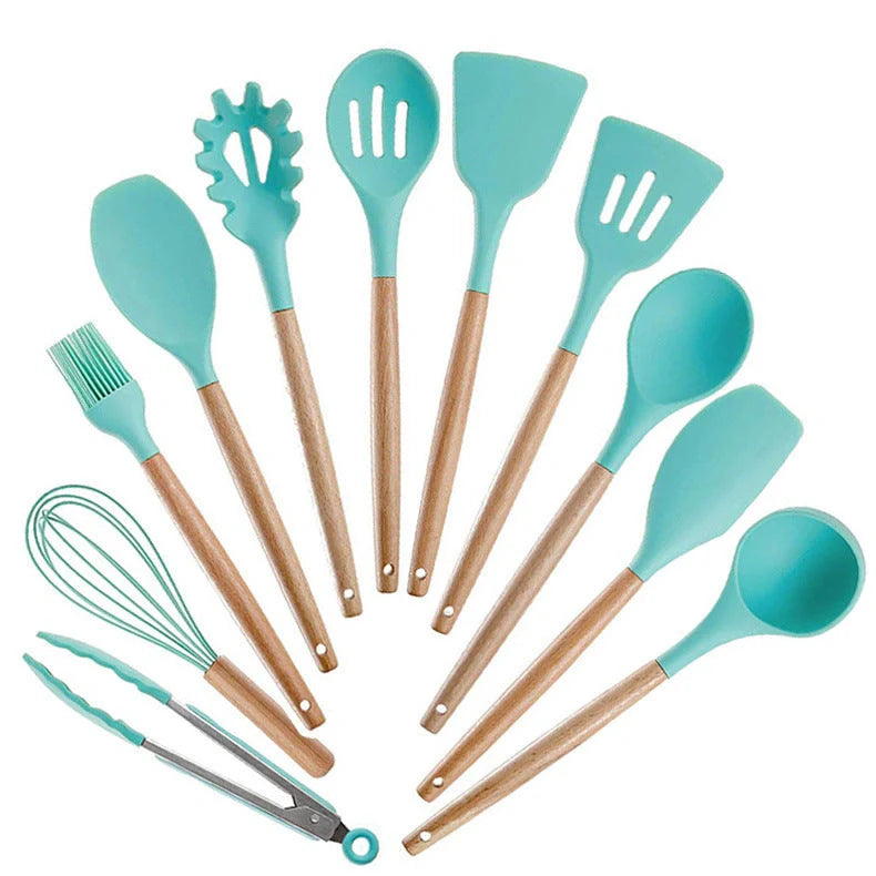 Silicone kitchenware set with wooden handles in various colors and styles, perfect for cooking, baking, and serving