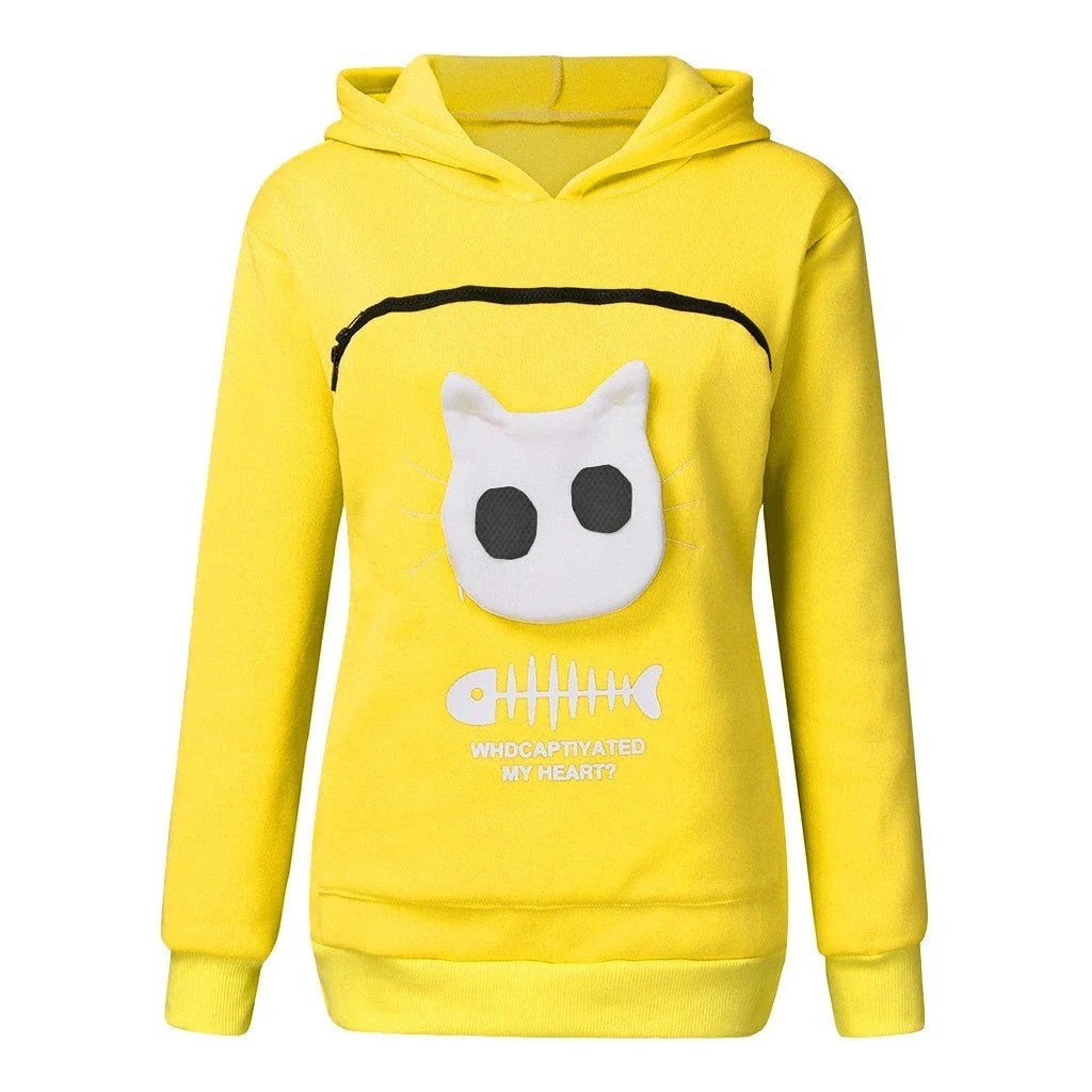 A stylish hooded jumper with a unique cat-themed pocket design, made from premium cotton fabric.