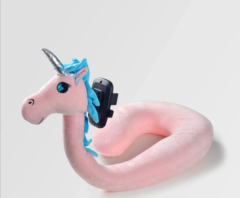 Cozy U-Shaped Pillow with Built-In Phone Holder in various colors, including Red Flamingo, Pink Unicorn, Orange Giraffe, Gray Snake, and Lagoon Dinosaur