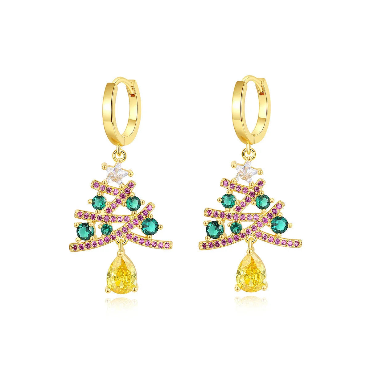 Pair of elegant Christmas tree earrings with a geometric design, sparkling rhinestones, and 18K gold electroplating