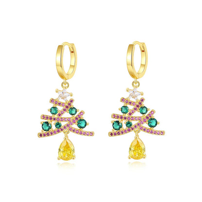 Pair of elegant Christmas tree earrings with a geometric design, sparkling rhinestones, and 18K gold electroplating