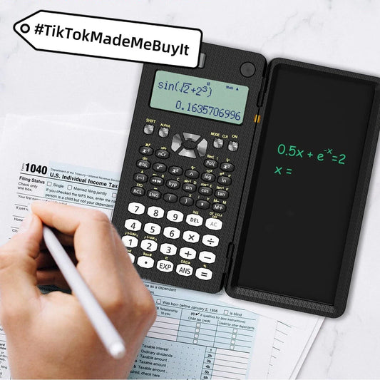 Versatile 2-in-1 scientific calculator and digital notepad with foldable design, LCD display, and intuitive button layout