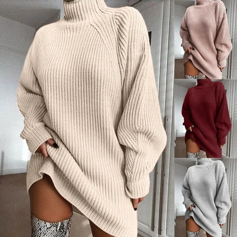 Women's winter turtleneck long sweater dress in imitation cotton, available in multiple colours
