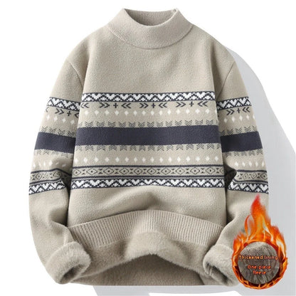 Men's mock neck velvet knit pullover in dark grey, black, and apricot