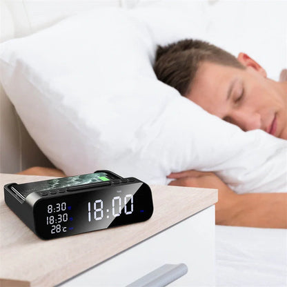 15W Three-in-one Wireless Charger with Temperature Tester and Multi Alarm Clock in black and white