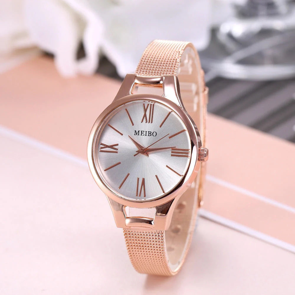 Elegant rose gold stainless steel mesh watch for women with precise quartz movement