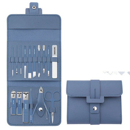 A 16-piece premium manicure and pedicure set with stainless steel tools and a stylish leather case