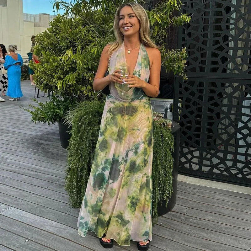 Tie Dye Printing Deep V-neck Halter Backless Long Dresses Set for Women in green and purple
