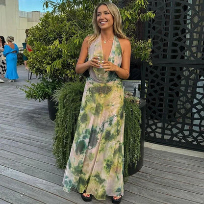 Tie Dye Printing Deep V-neck Halter Backless Long Dresses Set for Women in green and purple