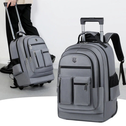 Durable, waterproof trolley backpack with single-directional wheel for smooth mobility and ample storage space for British travellers