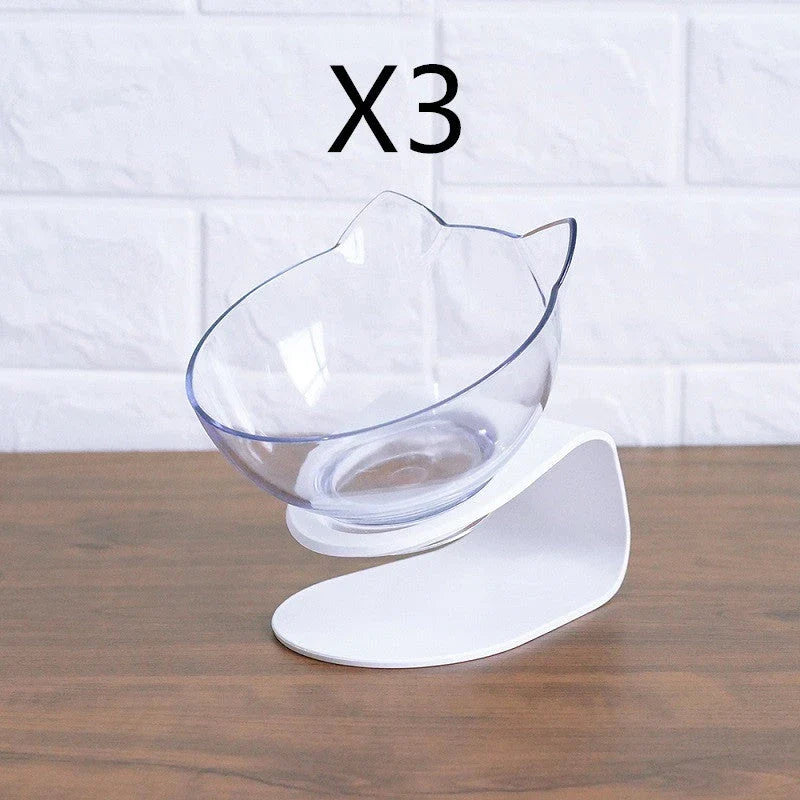 Elevated tilted pet bowl with non-slip stand in transparent, white, and black color options