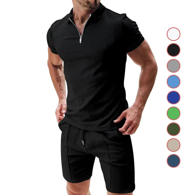 Men's summer waffle suit set with zipper lapel and drawstring shorts in various colours