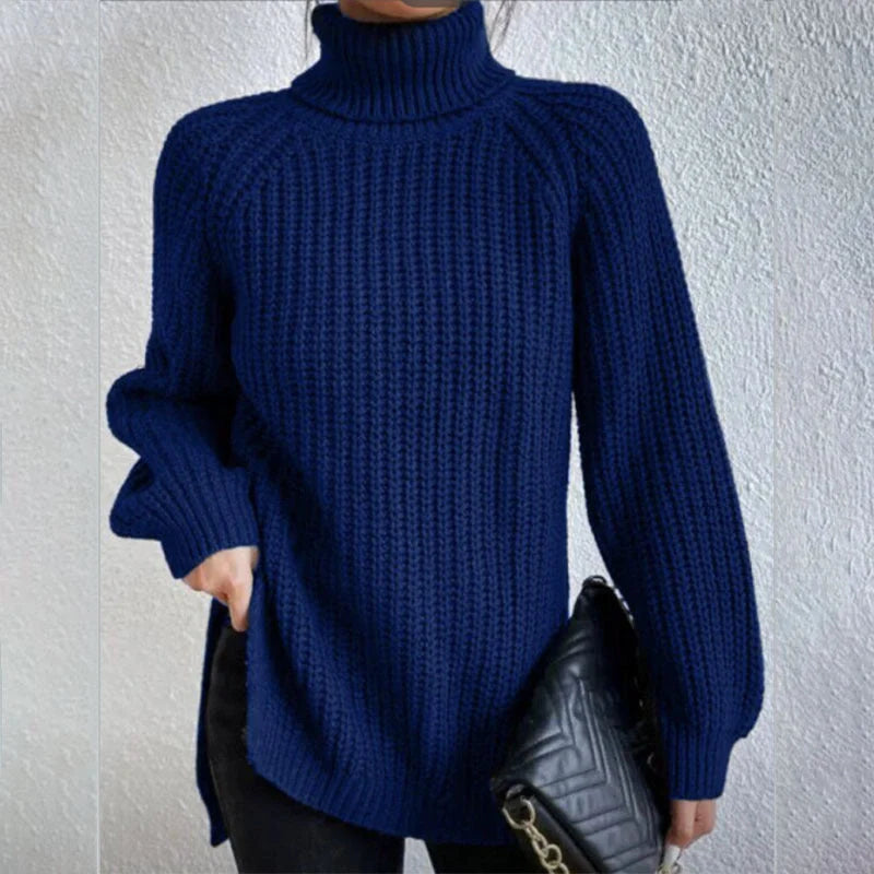 A stylish turtleneck pullover sweater with a unique split design, available in a variety of classic colours and sizes.