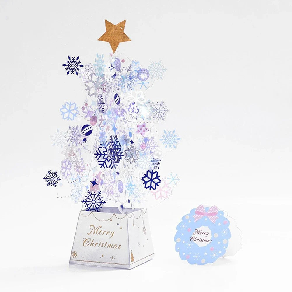 Enchanting 3D Christmas tree pop-up card with sparkling snowflake sequins, versatile for holiday and birthday celebrations