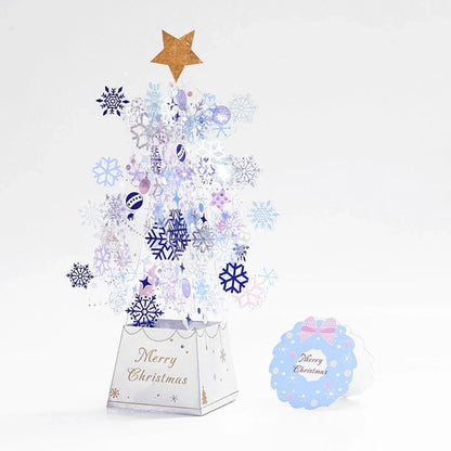 Enchanting 3D Christmas tree pop-up card with sparkling snowflake sequins, versatile for holiday and birthday celebrations