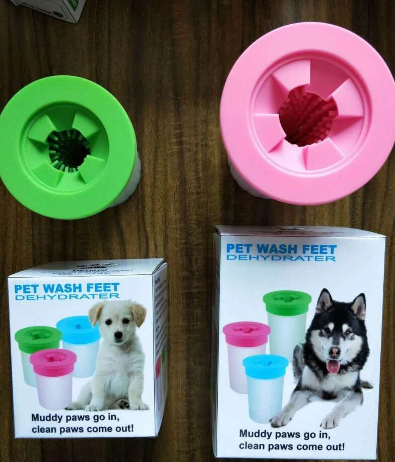 Silicone Dog Paw Washer Cup in various colors and sizes, featuring soft bristles for gentle cleaning.