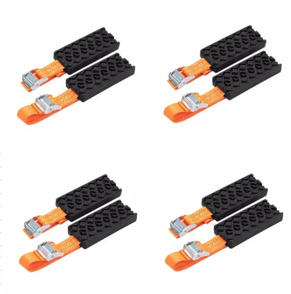 Durable anti-slip snow chains for car tires in black and orange, designed to provide superior traction and grip on icy, snowy, and muddy roads.
