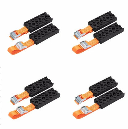 Durable anti-slip snow chains for car tires in black and orange, designed to provide superior traction and grip on icy, snowy, and muddy roads.