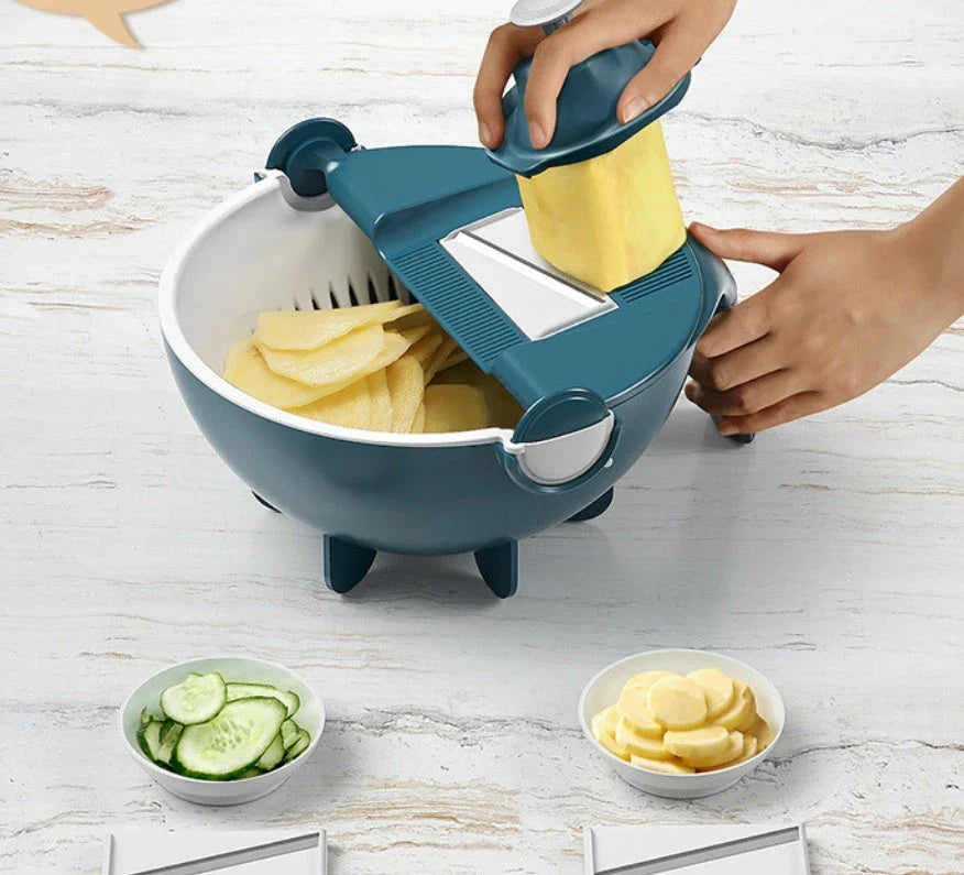 A premium 9-in-1 vegetable drainage basket with a unique drainage system and interchangeable blades for efficient meal preparation