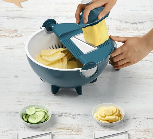 A premium 9-in-1 vegetable drainage basket with a unique drainage system and interchangeable blades for efficient meal preparation