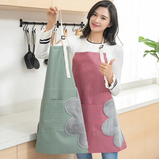 Stylish water-resistant apron with adjustable neck strap, front pockets, and durable Oxford cloth and polyester velvet construction