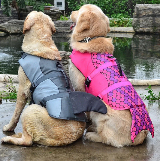 Adjustable mermaid shark design dog life vest for safe swimming, sizes XS to XL