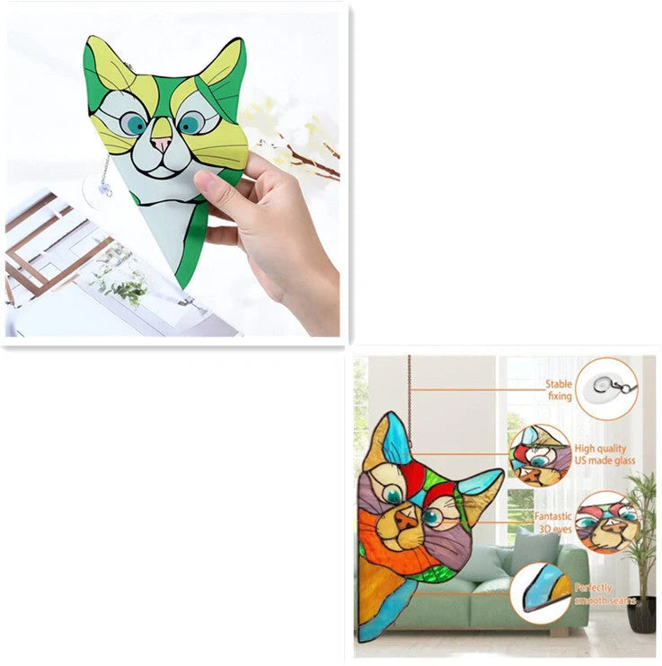 Colourful stained glass cat window hanger decoration, reusable PVC sticker