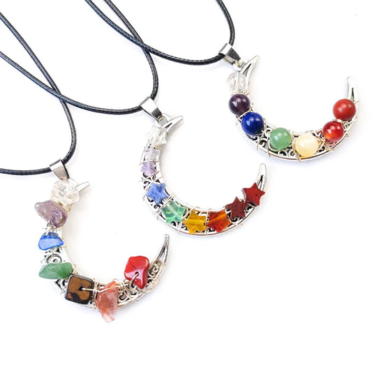 Seven Chakras Crystal Moon Pentagram Necklace in bohemian style