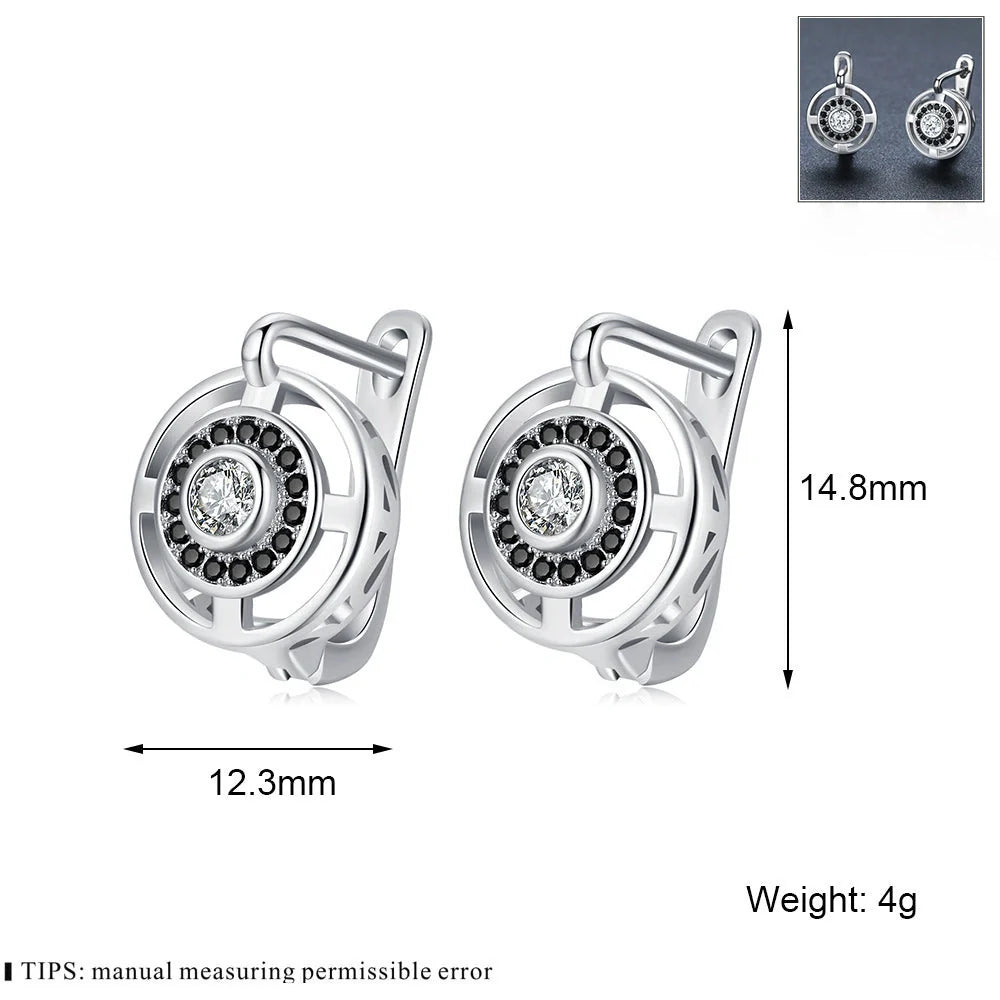 Black round zircon-studded copper earrings for women with secure fastening