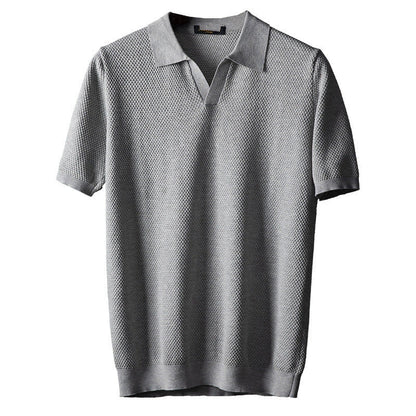 Men's V knit lapel short sleeve top in cotton, available in blue, navy blue, and grey