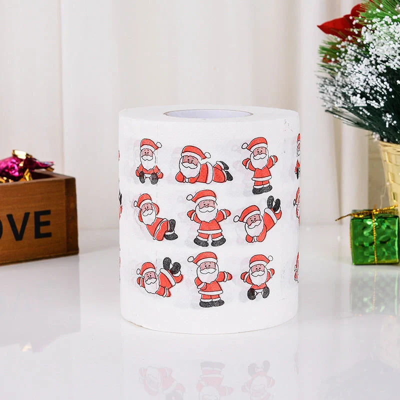 Christmas themed toilet roll with Santa Claus and holiday designs