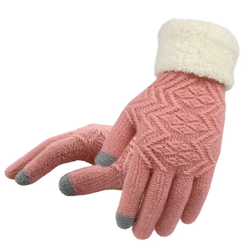 Women's winter knitted gloves in purple, pink, grey, and black