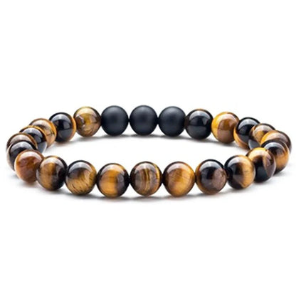 Matte black agate beads and tiger eye couple bracelets with geometric design