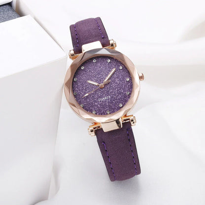 Starry Sky Women's Watch with Rhinestone Accents - Leather Strap in Various Colors