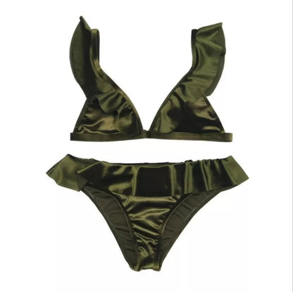 Women's Ice Velvet Ruffle Bikini Set in various colours with chest pad
