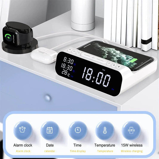 15W Three-in-one Wireless Charger with Temperature Tester and Multi Alarm Clock in black and white