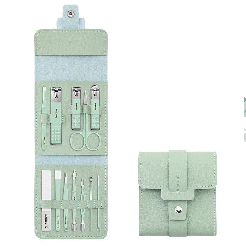 A 16-piece premium manicure and pedicure set with stainless steel tools and a stylish leather case