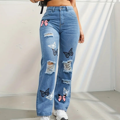 High-waisted straight leg jeans with trendy butterfly print, distressed detailing, and button closure for a stylish, flattering look.